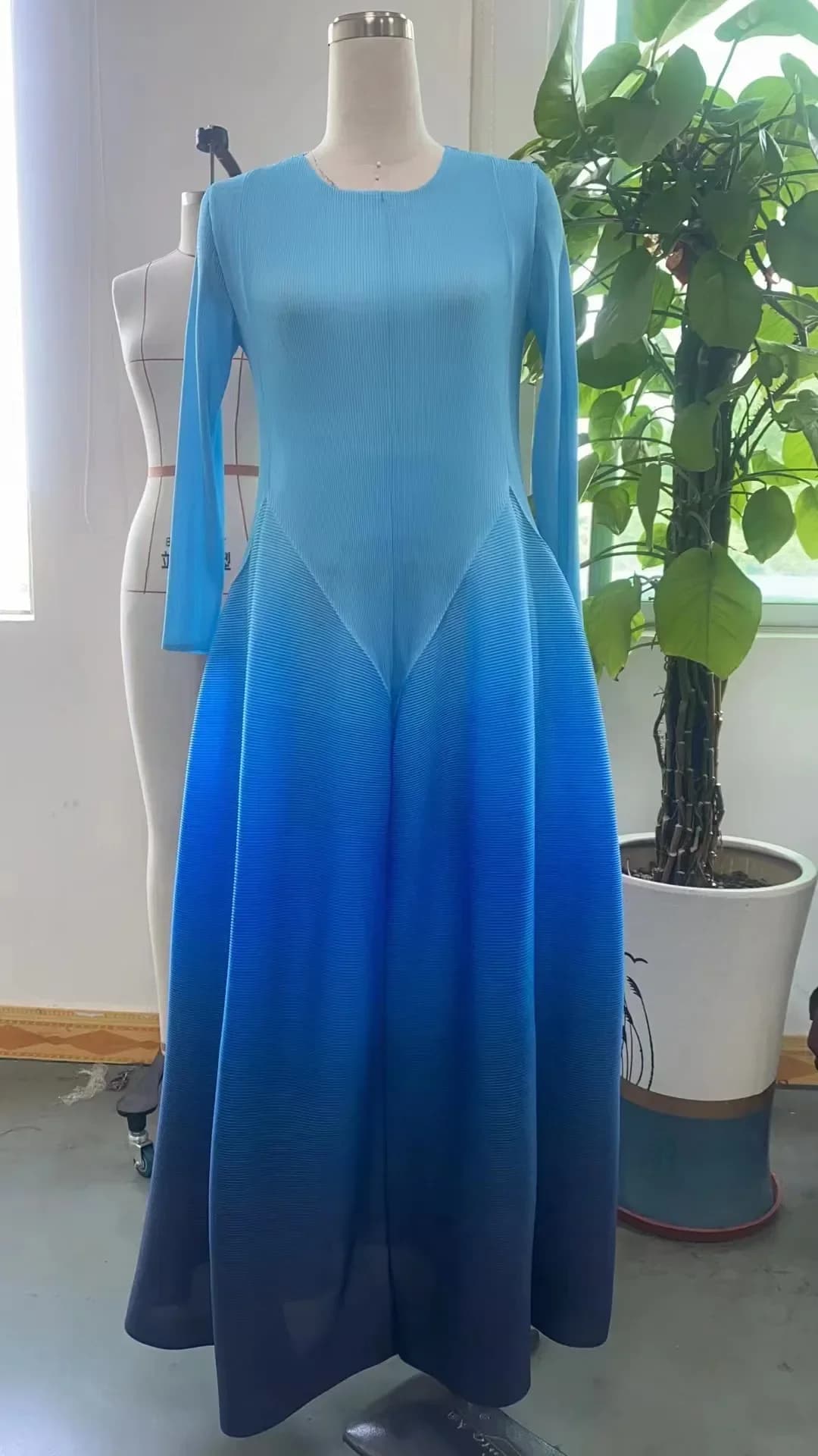 Robe Plissée à Manches sulfpour Femme, Vêtement de Soirée, Dégradé, à Col Ras du Cou, à la Mode, Nou
