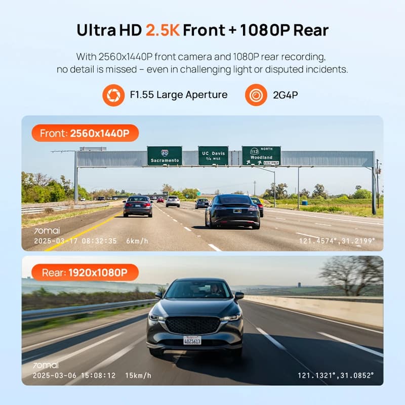 70mai Dash Cam A410 2.5K + 1080P enregistrement double canal GPS intégré 24H Surveillance de station