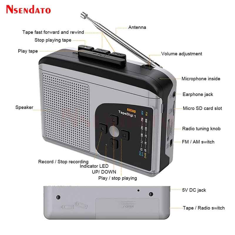 Ezcap234 Lecteur de cassettes original avec convertisseur MP3, haut-parleur, radio AM/FM, enregistre