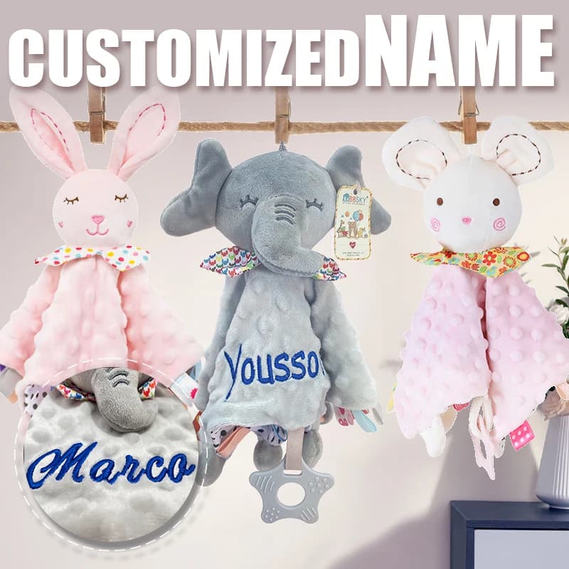 Doudou personnalisé avec nom, lapin en peluche et hochet en silicone pour bébés – Cadeau idéal pour 