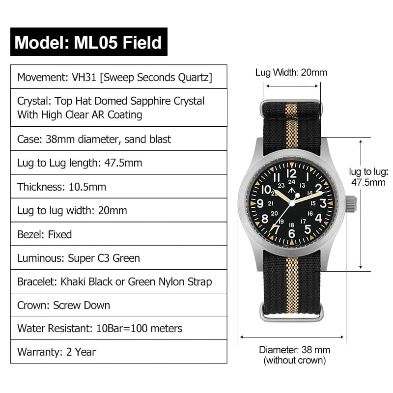 Militado ML05 montre Vintage VH31 balayage deuxième mouvement dôme cristal saphir avec revêtement AR