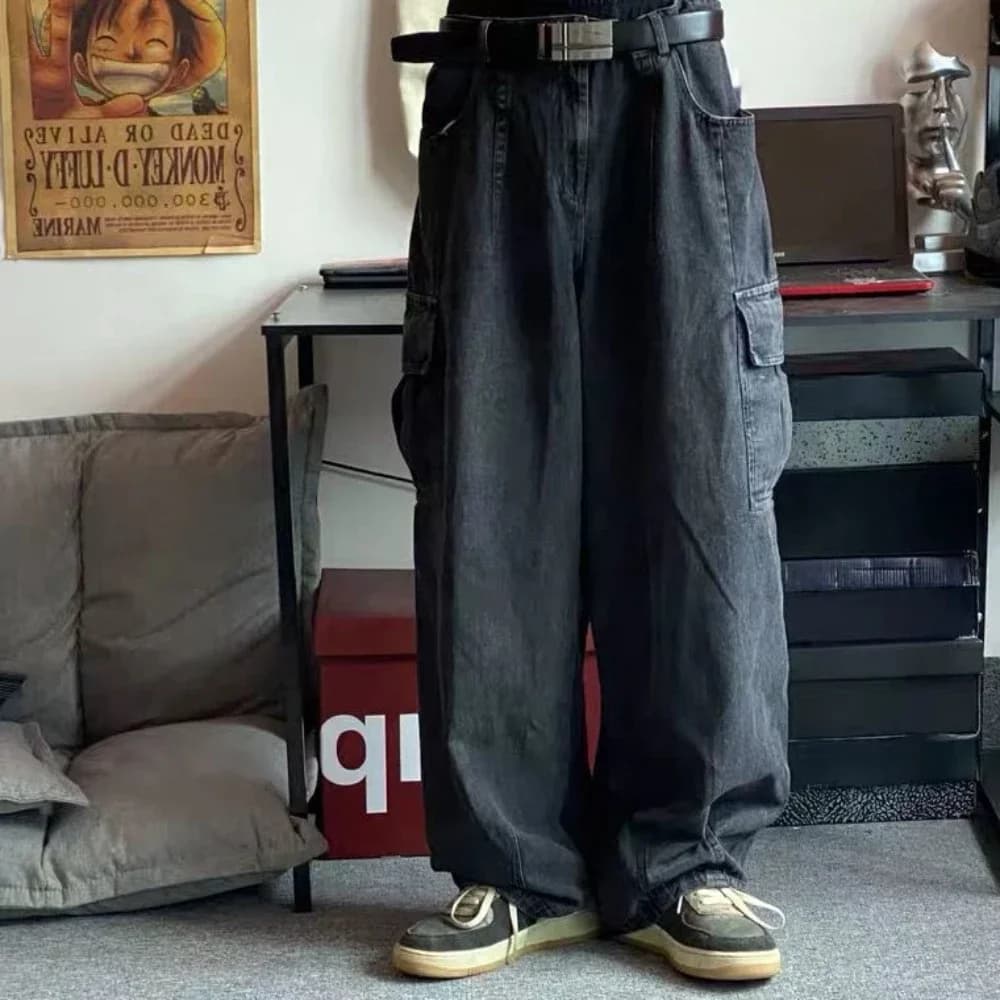 Jean Baggy surdimensionné pour hommes, pantalon Cargo coréen noir large, Streetwear Hip Hop Harajuku