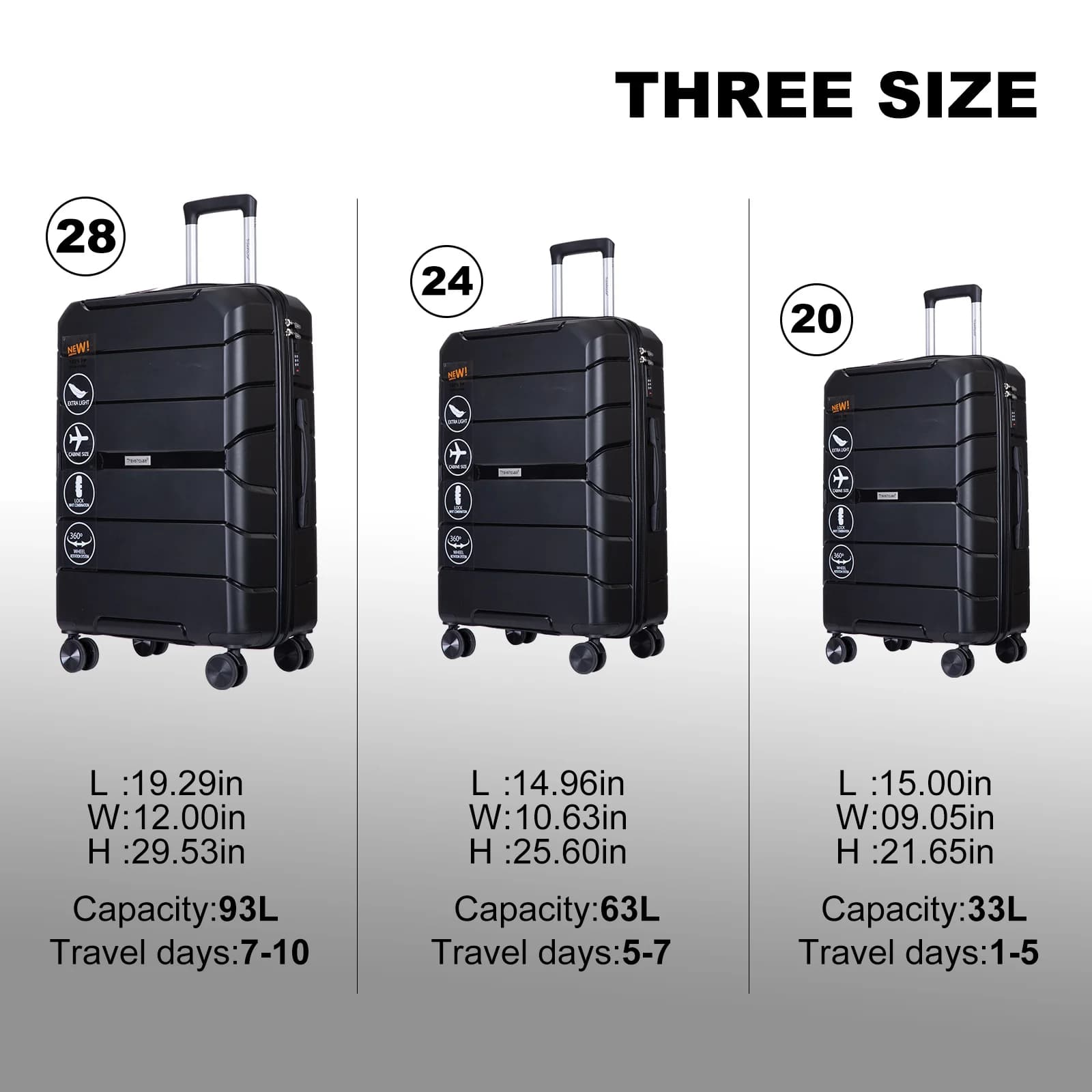 Travelhouse-Ensemble de Valises Rigides Légères avec Serrure TSA, Roues Spinner, PP, 3 Pièces, 20/24