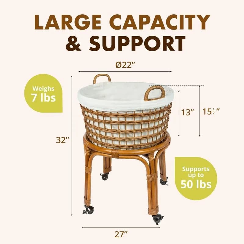 Mir à linge roulant WUNICEF, panier tissé à la main avec doublure en coton parfait, support et roule