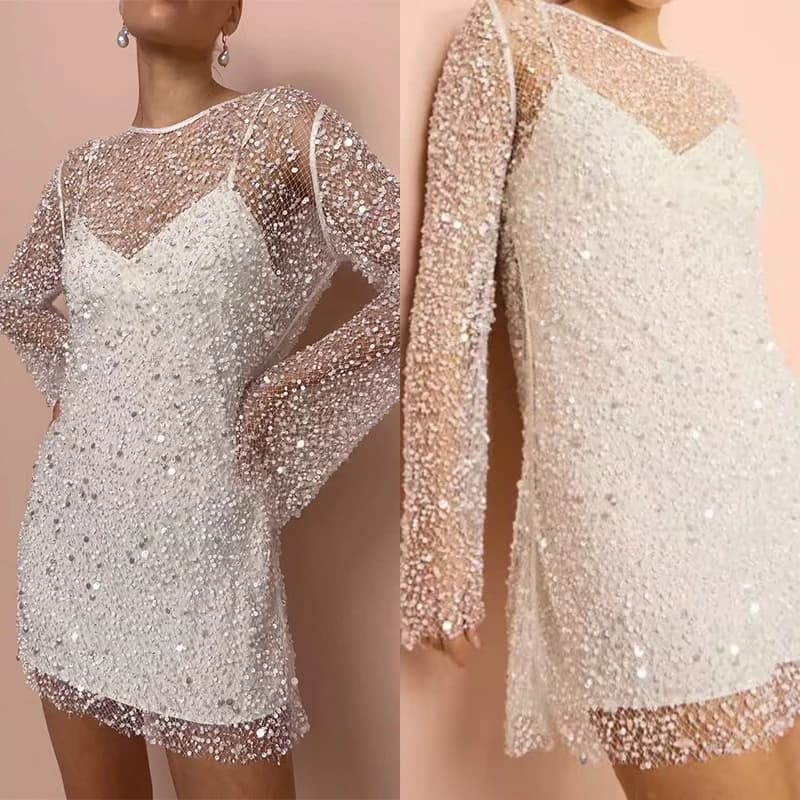 Femmes élégant épissage solide polyvalent robe Chic col rond paillettes robe creuse mode jarretelle 
