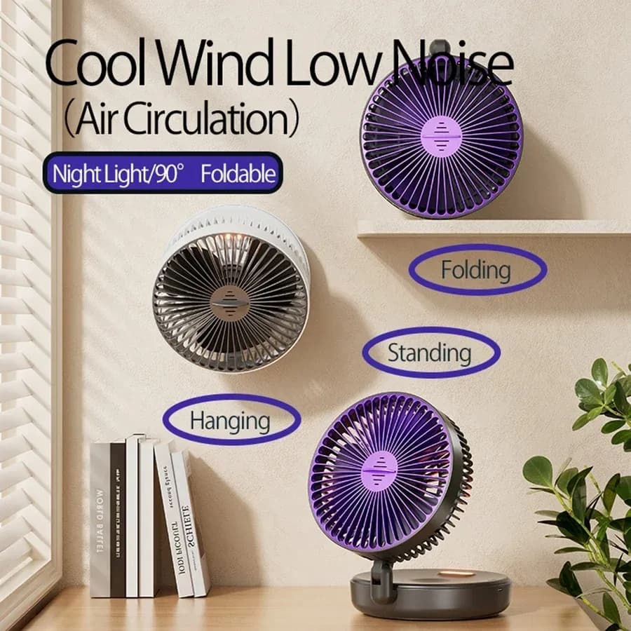 Ventilateur de bureau pliable Mini ventilateur mural avec veilleuse chaude Rechargeable 4 vitesses v