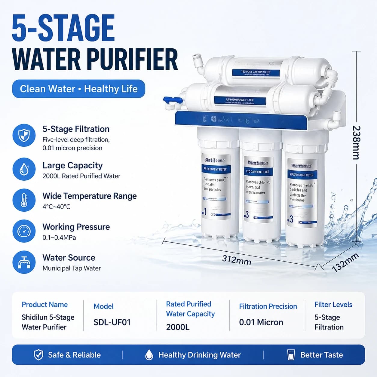 Purificateur d'eau domestique à ultrafiltration 5 étapes pour robinet de cuisine, prête à l'emploi, 