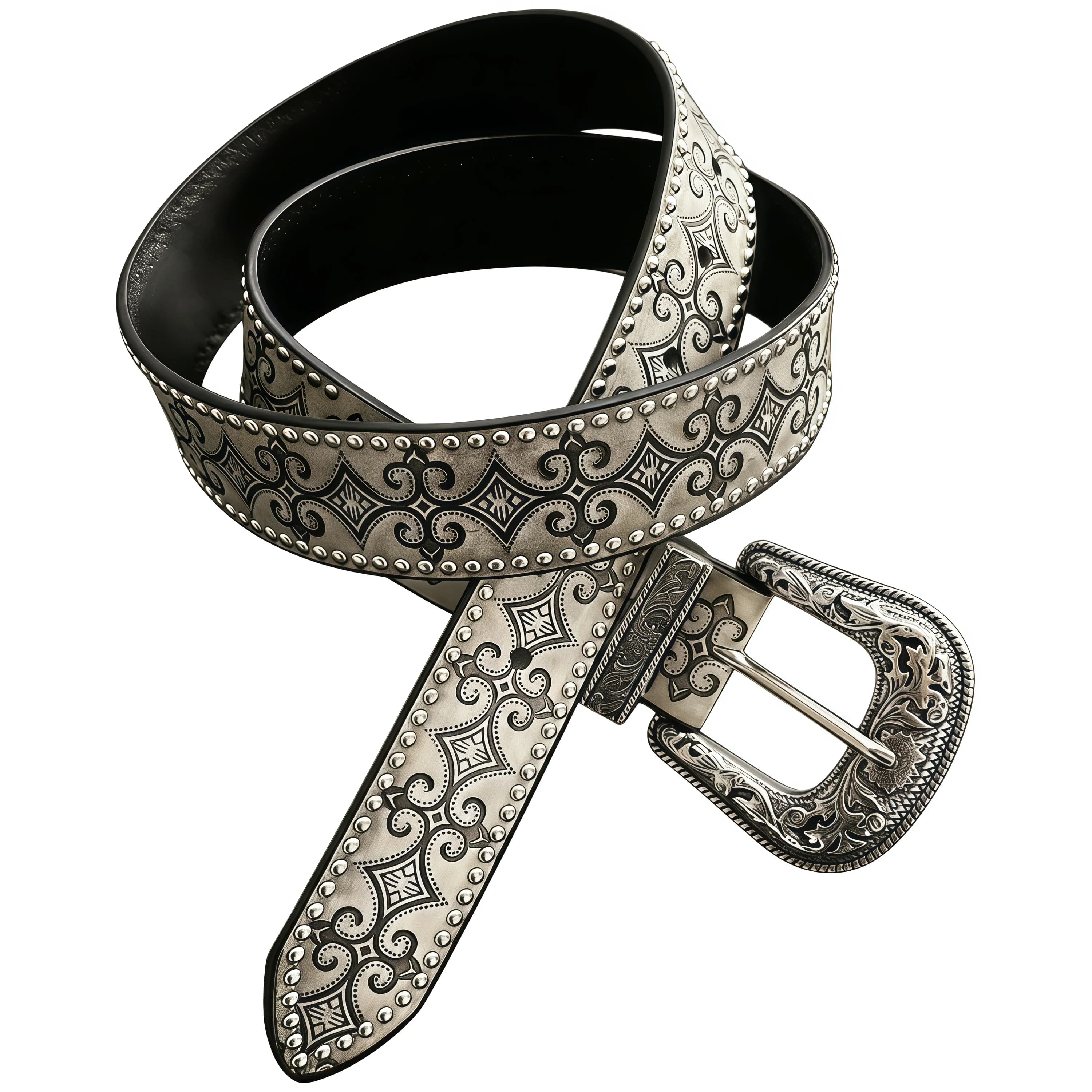 Ceinture en cuir cloutée à motifs vintage avec motifs floraux gris, texture haut de gamme, style hip