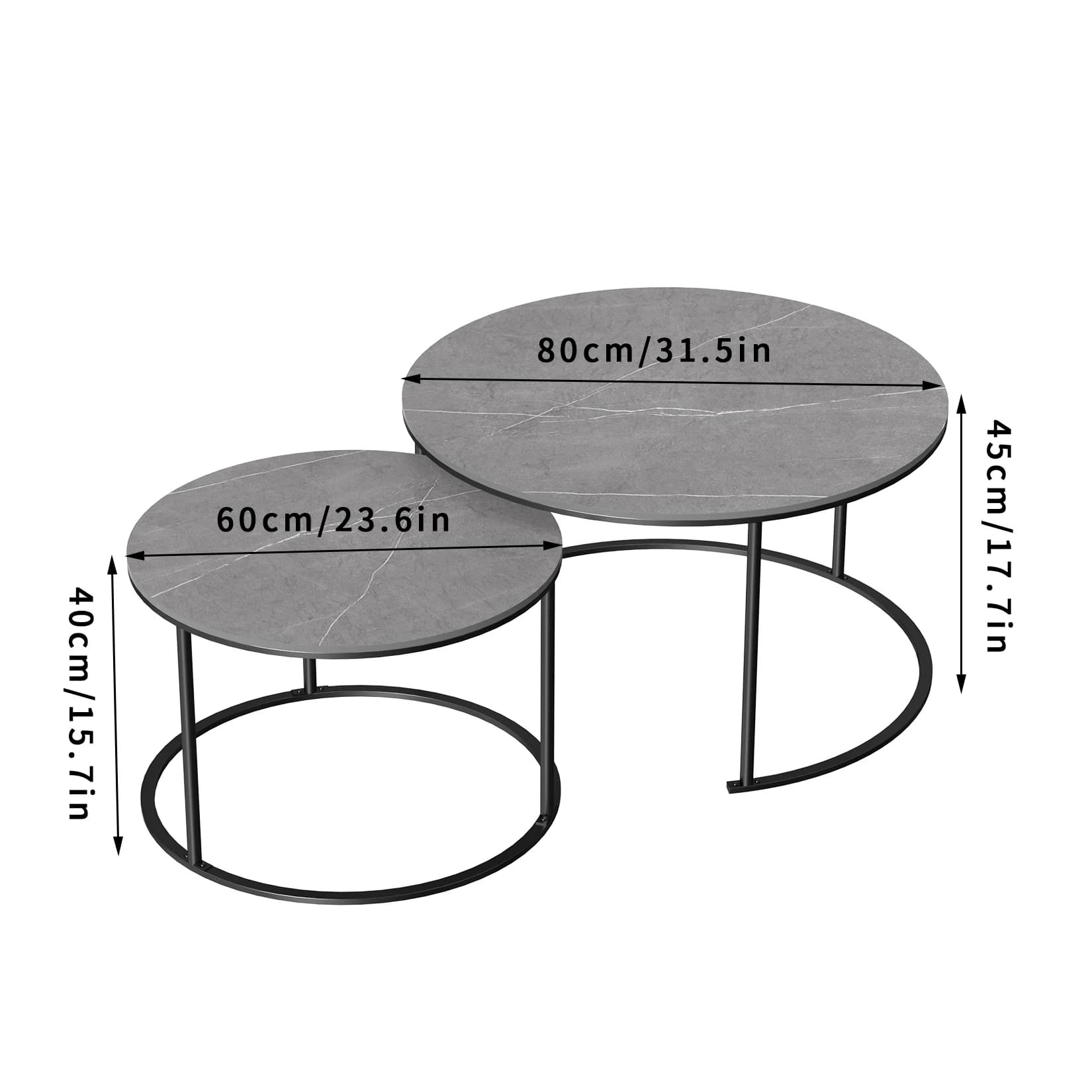 Ensemble de table basse en marbre gris rond nidification moderne, table en pierre frittée, pieds en 