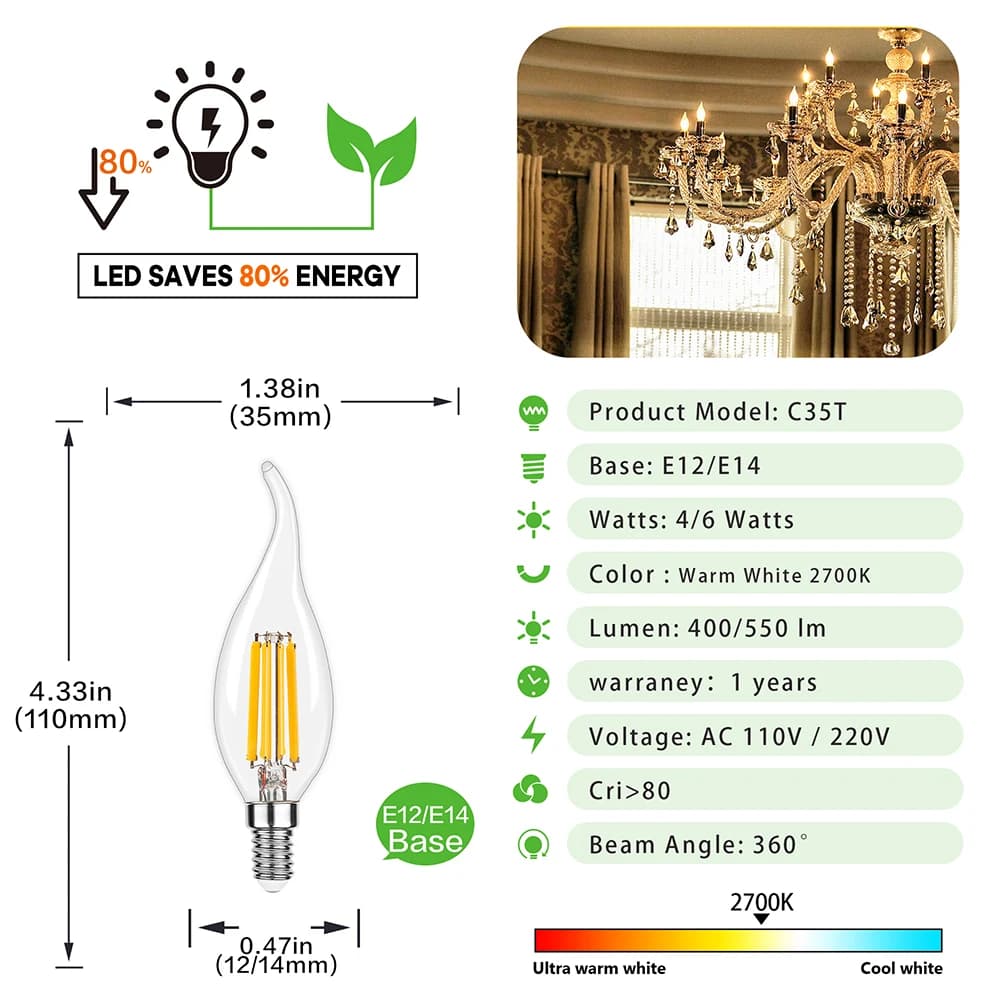 Ampoule de nuit en verre transparent C35, E14 E12 4W 6W, Filament LED blanc chaud, pointe courbée po