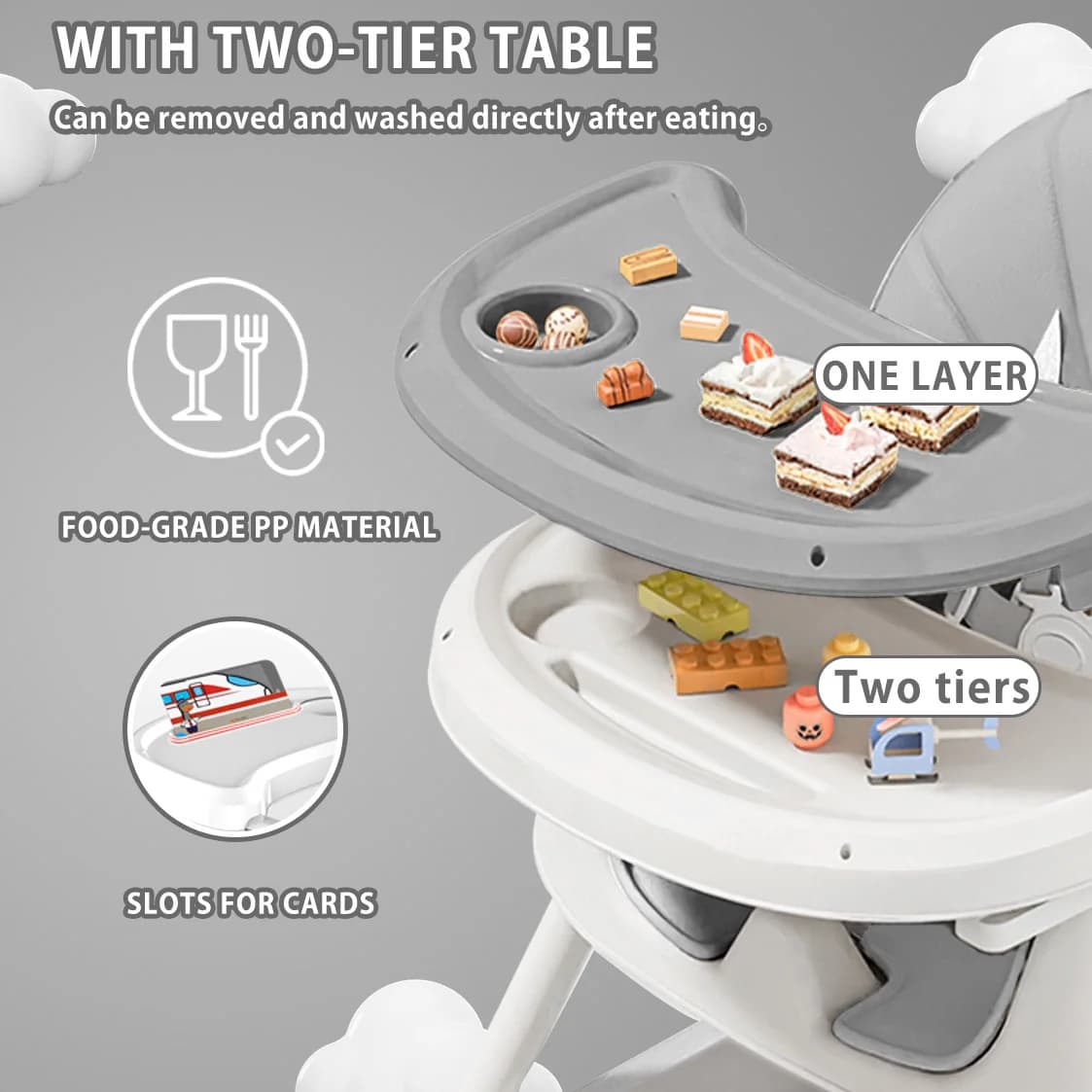 Chaise haute pliable pour bébé de 6 mois plus, avec grand coussin antidérapant et support à jouets, 