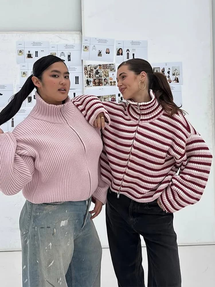 Cardigan décontracté en maille rayée pour femme, avec double fermeture éclair, manches longues, col 