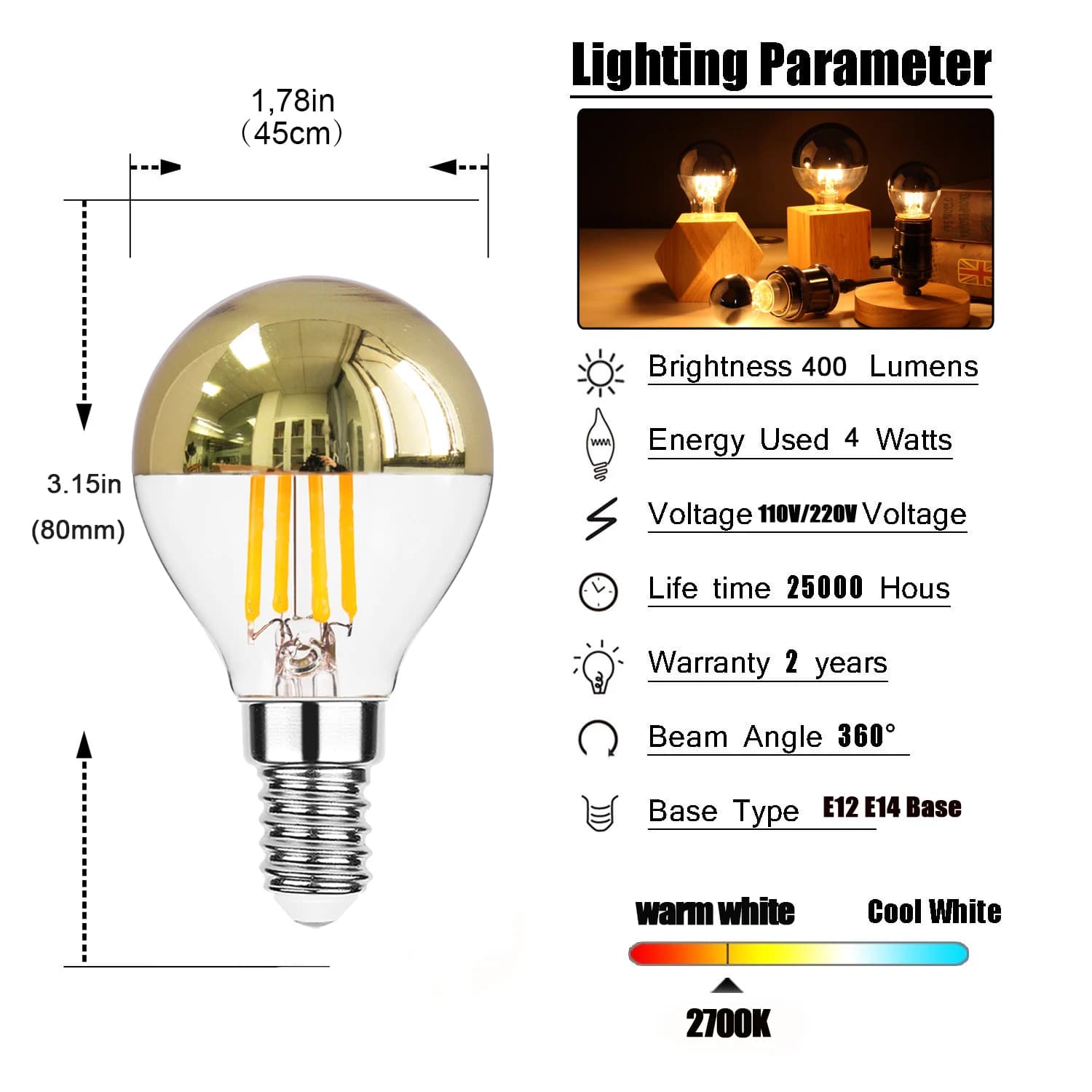 Ampoule LED Edison rétro, miroir or, E14 E12 G45 4W, lumière blanche chaude sans ombre, lampe à Fila