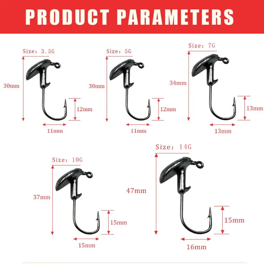Lot de 10 hameçons de pêche à tête rotative (3,5g, 5g, 7g, 10g, 14g) pour leurres souples, accessoir