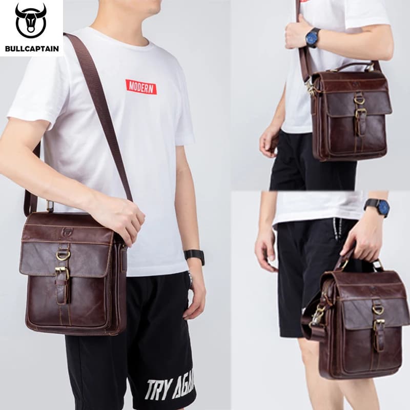 BULLCAPTAIN Sac à bandoulière en cuir pour hommes, sac à bandoulière d'affaires rétro, sac à main dé