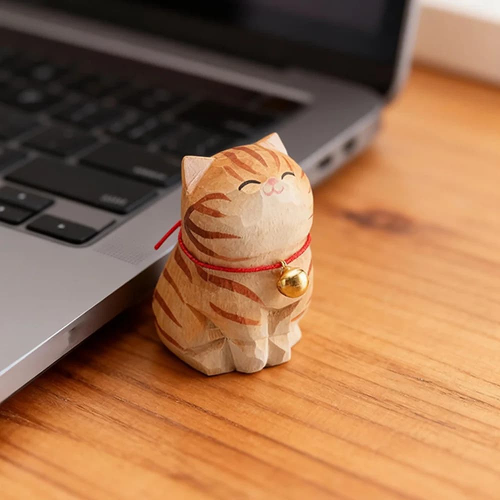 Figurine décorative en bois de chat mignon, statue de chaton, chat calico à dégradé doré, décoration