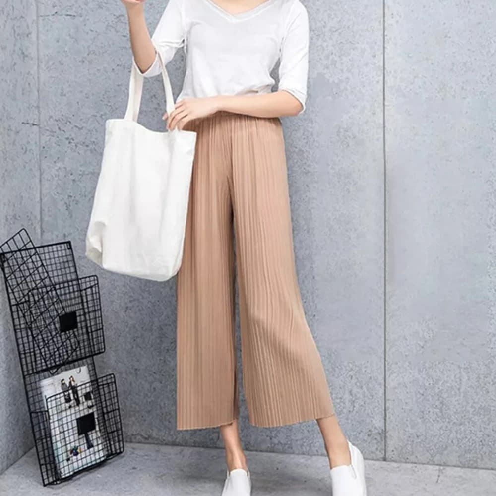 Viser à jambes larges pour femmes, tissu froissé uni, fjBaggy, taille élastique, vêtements pour femm