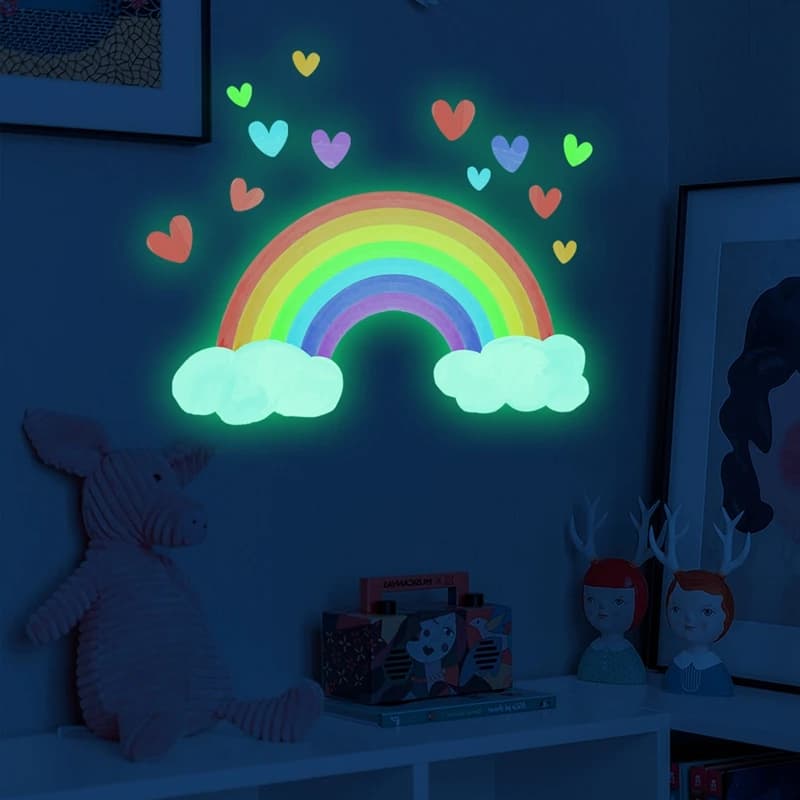Autocollants muraux lumineux arc-en-ciel, dessin animé, lueur dans le noir, nuage, cœur, autocollant