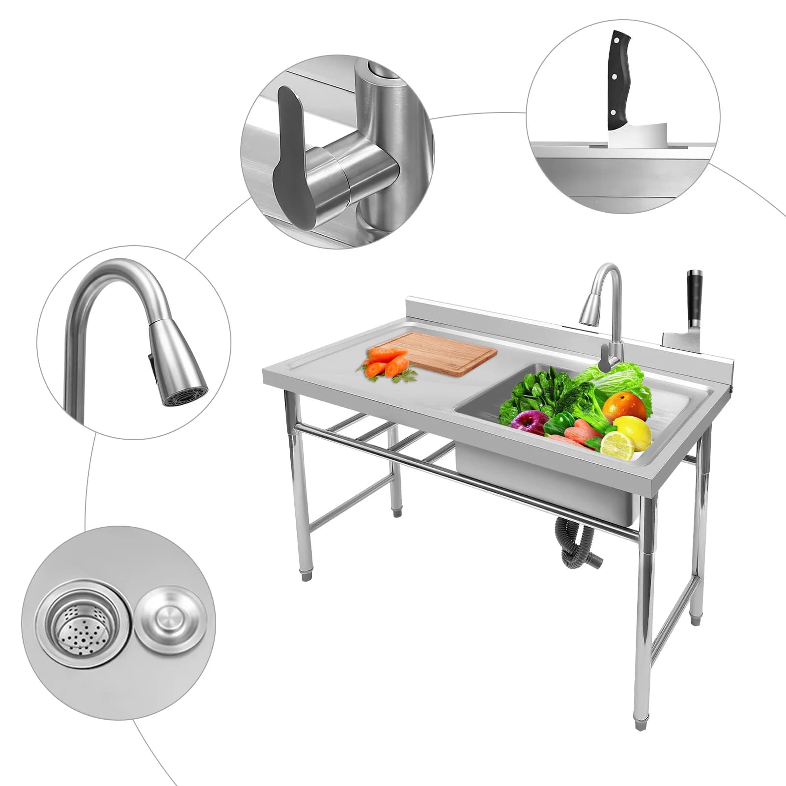 Évier de cuisine en acier inoxydable, 1 compartiment, vidange, utilitaire commercial
