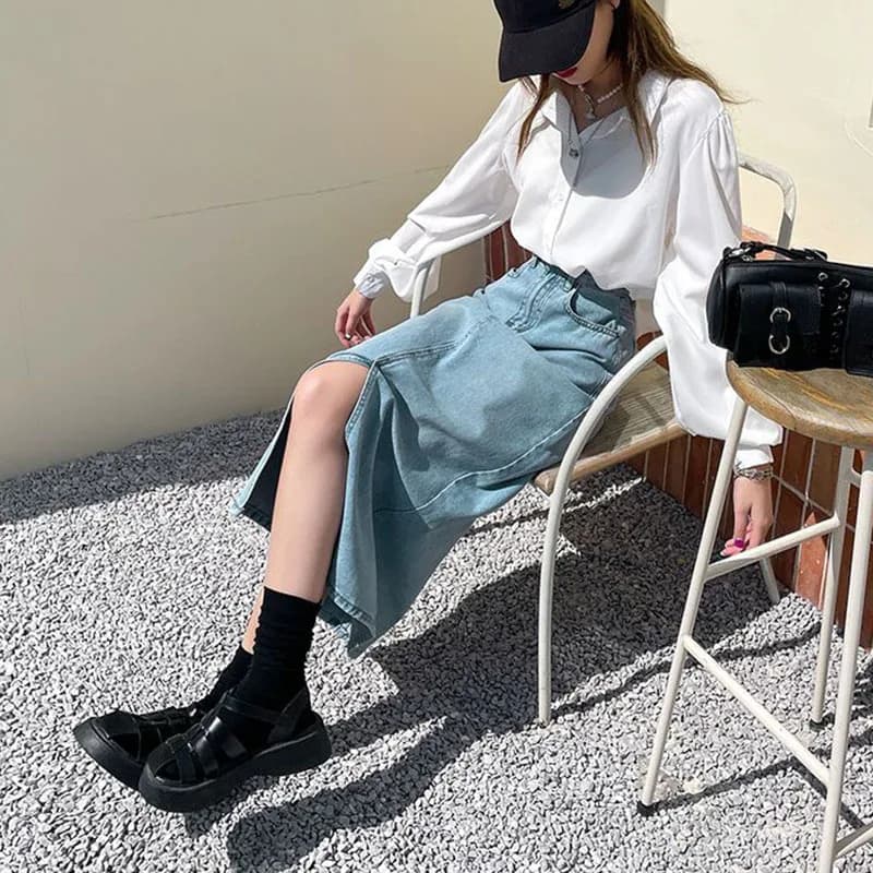 Xpqbb-Jupe Midi en Denim pour Femme, Taille Haute, Fente Frontale, Longue, Coréenne, Streetwear, Déc
