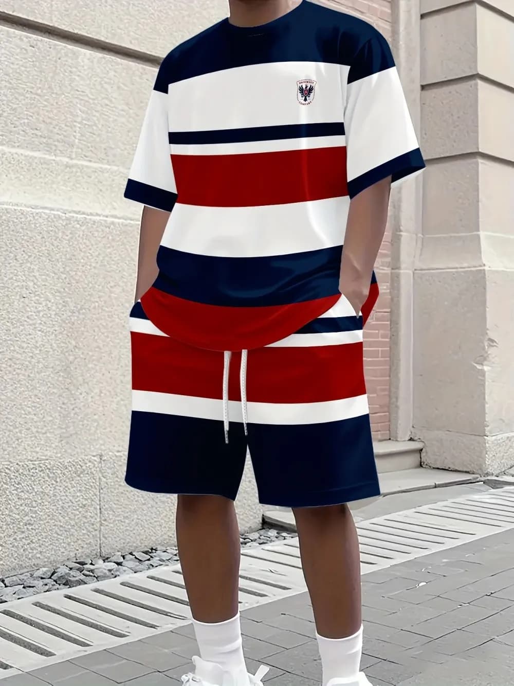Vente chaude hommes épissé à la mode motif imprimé respirant col rond T-shirt ensemble short et haut