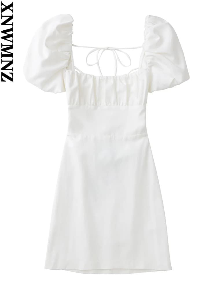 XNWMNZ 2022 femmes mode lin mélangé robe vacances style col carré manches bouffantes dos bretelles c