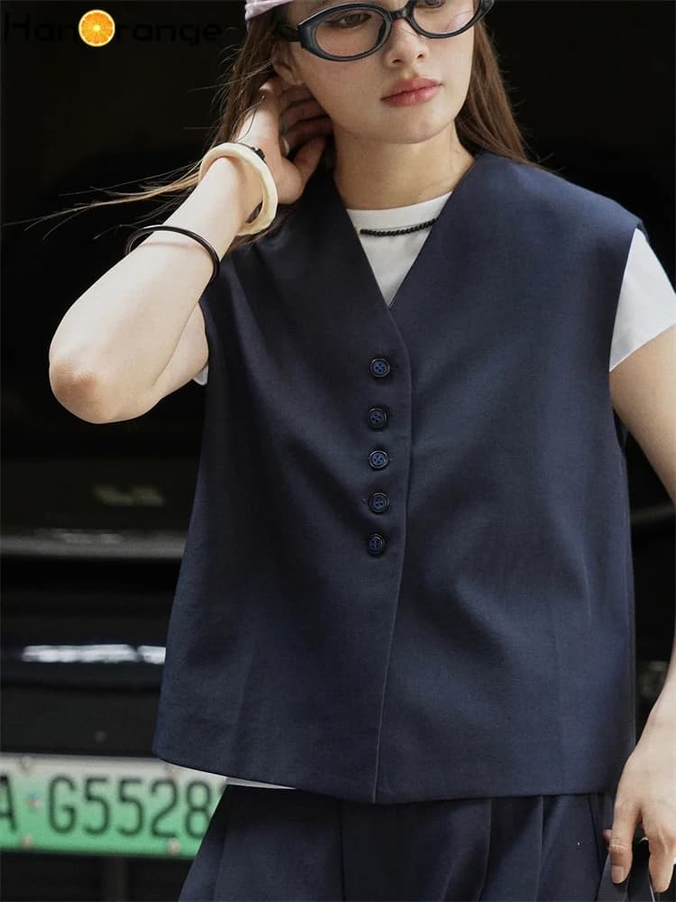 HanOrange 2025 début automne Simple gilet court + pli courbé jambe large pantalon femmes 2 pièces en