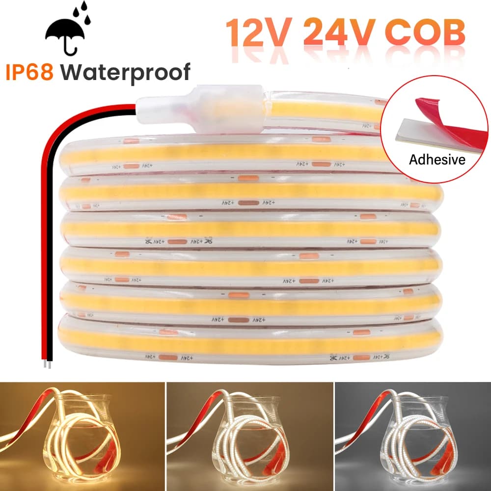 Bande lumineuse LED COB étanche IP68, 12V 24V, 320 diodes/m, haute luminosité, RA90, Flexible, pour 