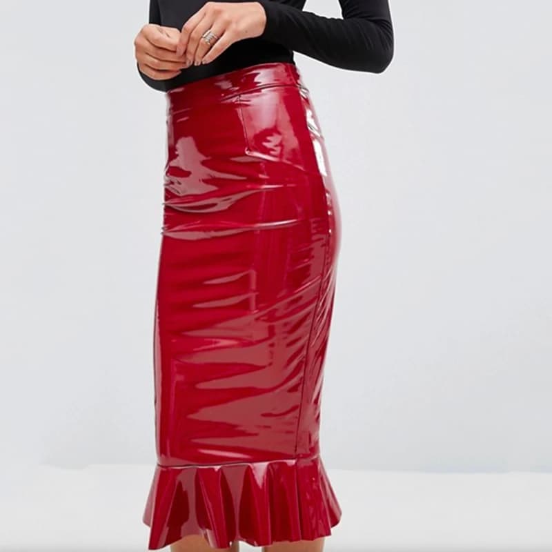 Jupe mi-longue à volants en faux latex pour femmes, jupes Hobble, cuir PU brillant, extensible, tamb