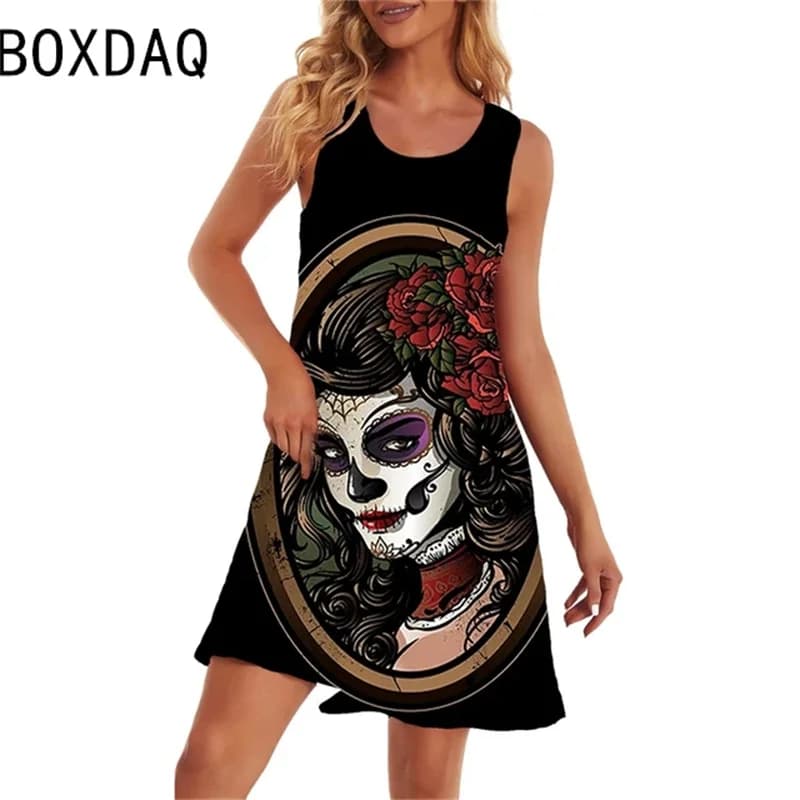 Robe d'été imprimée tête de mort 3D pour femmes, robes de plage en fibre, grande taille, robe trapèz