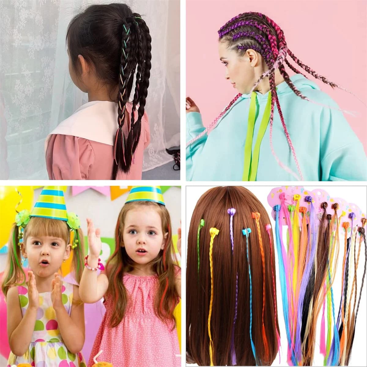 Extensions de cheveux tressés colorés pour filles, pinces à cheveux, queue de cheval tressée arc-en-