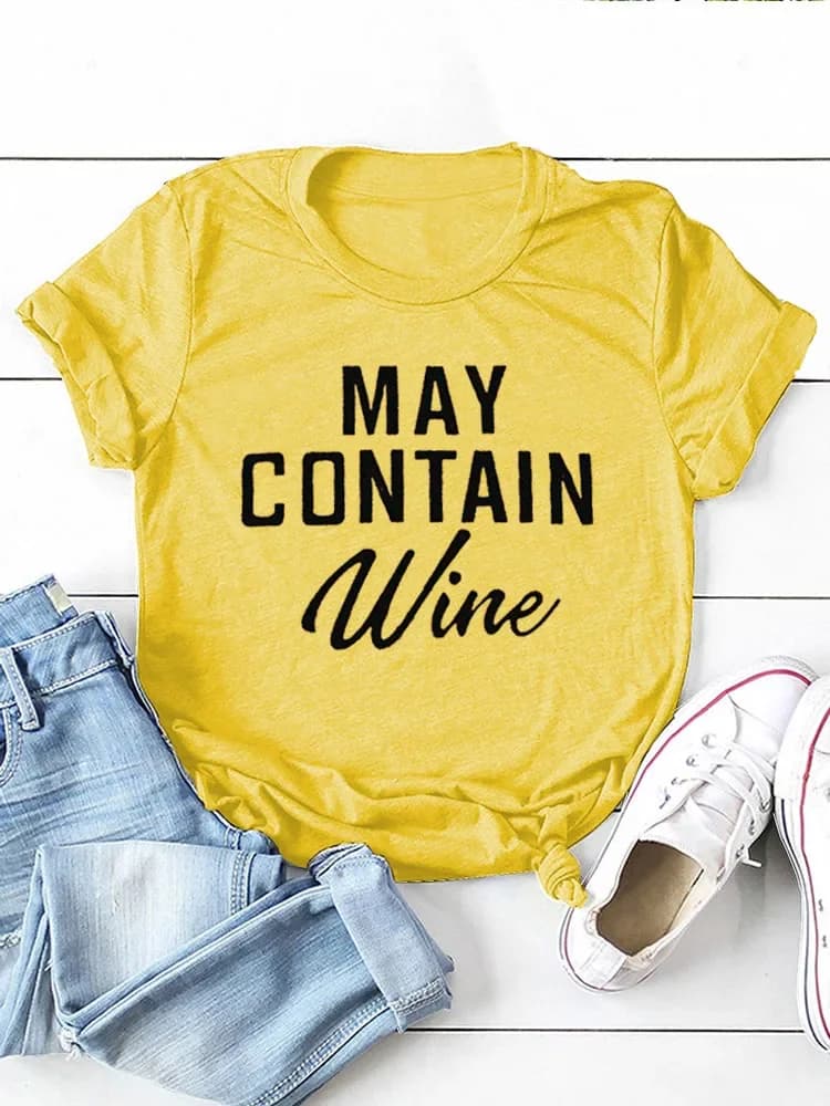 T-shirt manches courtes col rond femme, ample, avec lettres de vin imprimées