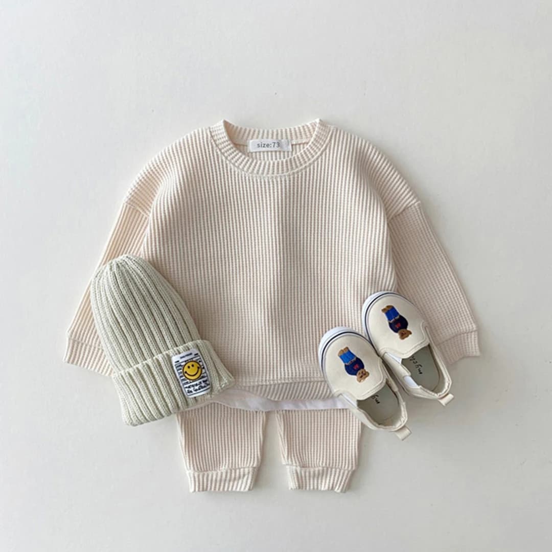 Ensemble de vêtements coréens pour bébés garçons, faux deux pièces en coton gaufré + pantalon, tenue