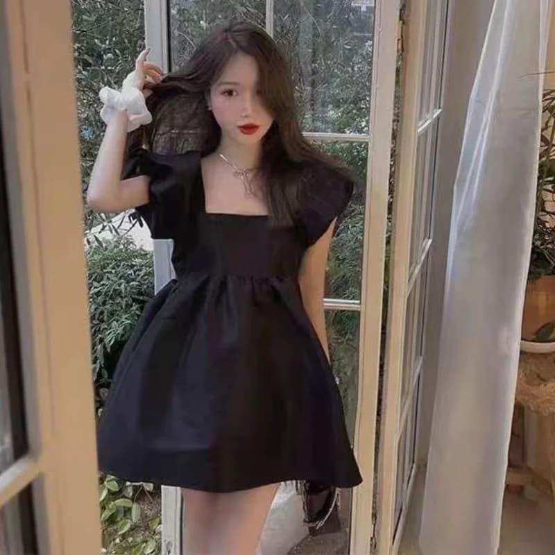 Mini robe de Rhà manches bouffantes pour femmes, robes de princesse noires douces, style français, t