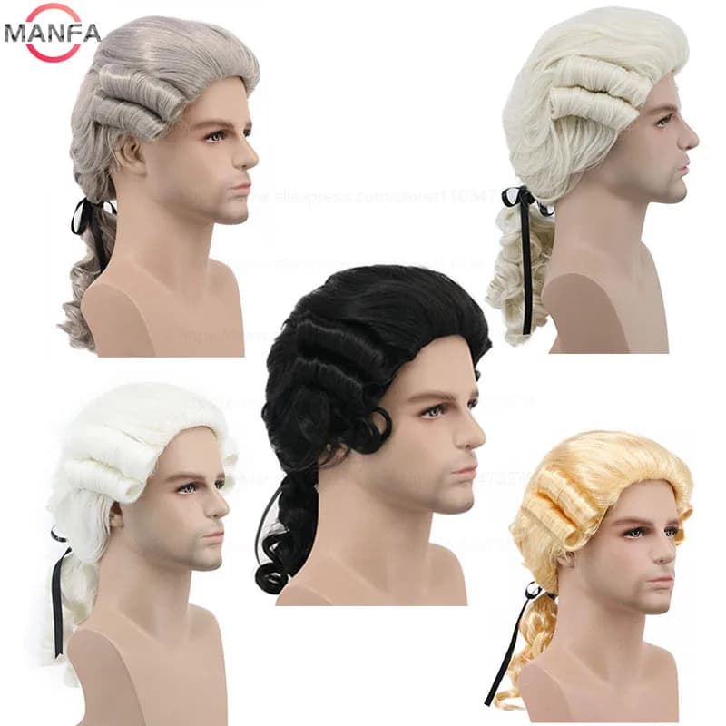 Perruque de Cosplay synthétique bouclée pour avocat, juge, gris, blanc, noir, de luxe, historique, l