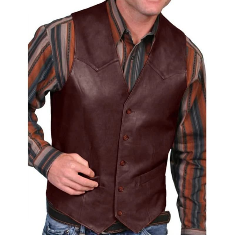 Gilet pour hommes d'affaires européens mode décontracté rétro couleur unie col en v bouton Western s