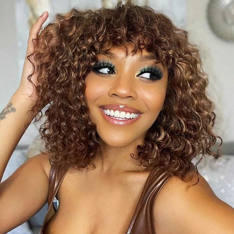 Jerry bouclés court Pixie Bob coupe perruques de cheveux humains avec frange sans colle perruque met