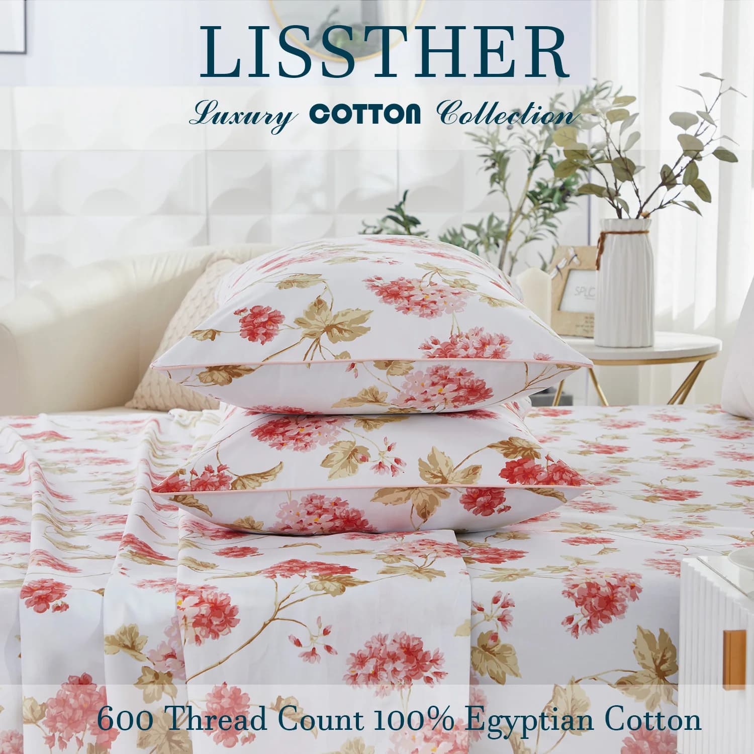 Ensemble de housse de couette 100% coton égyptien 600TC, 3 pièces, Floral de printemps rose Shabby C