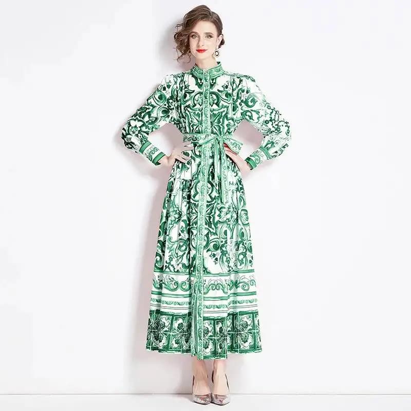 Robe longue en porcelaine à boutonnage simple pour femme, imprimé floral jaune, ceinture en dentelle