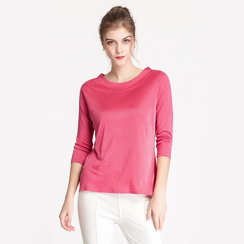 Birdtree soie mélange tricoté solide T-shirts, Slash cou lâche femmes décontracté basiques T-shirts,