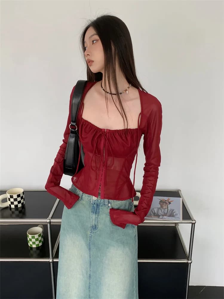 Contest ERART-Chemisier à manches longues dos nu pour femme, corset à col carré, haut en maille fron