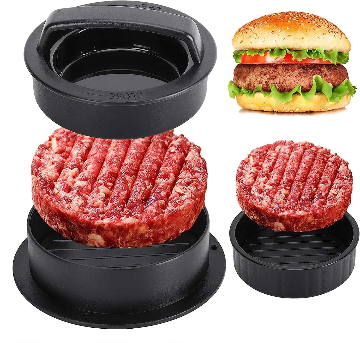 Presse à hamburgers 3 en 1, machine à galettes, antiadhésive, pour la viande, le bœuf, les légumes, 