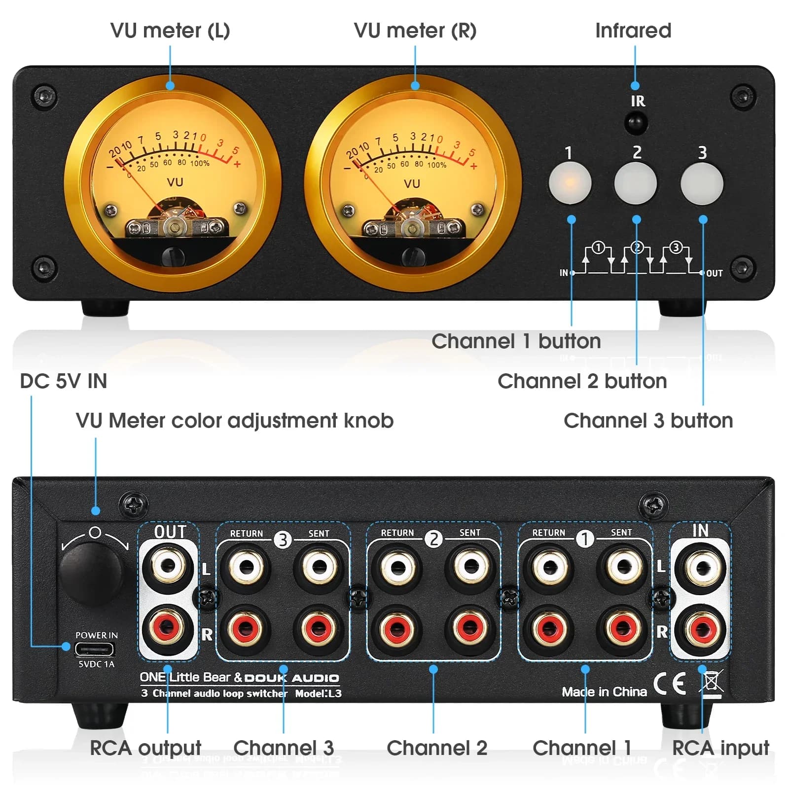 Douk Audio L3-Boîtier de commutation en boucle à 3 canaux, sélecteur 1(3)-IN-3(1)-OUT, écran VU-mètr