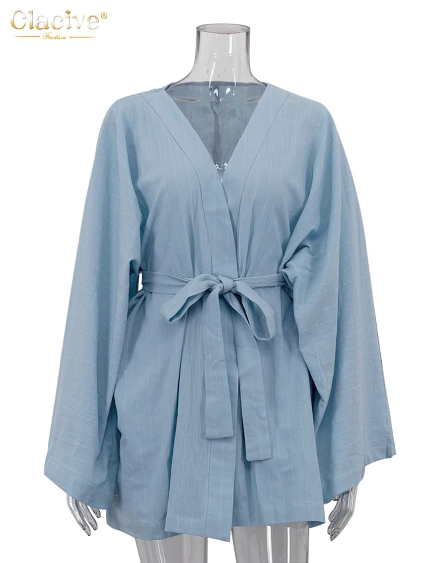 ClacMarkets-Ensemble 2 pièces en coton à rayures bleues pour femmes, robes élégantes à manches longu