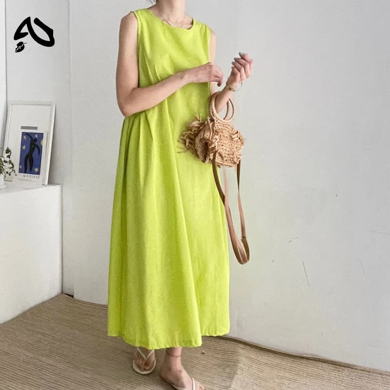 Nouvelles robes originales pour femmes, en coton et lin, sans manches, amples, décontractées, col ro