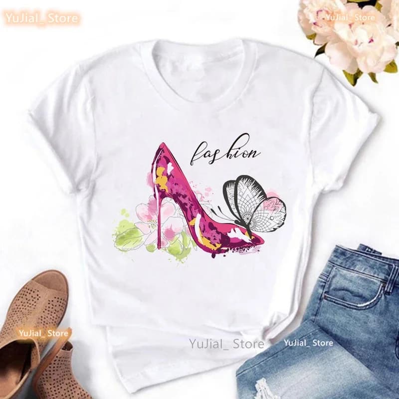 T-shirt imprimé fleurs pour femmes, Love High Shoes, T-shirt femme Harajuku, Shipping Is My Cardio, 