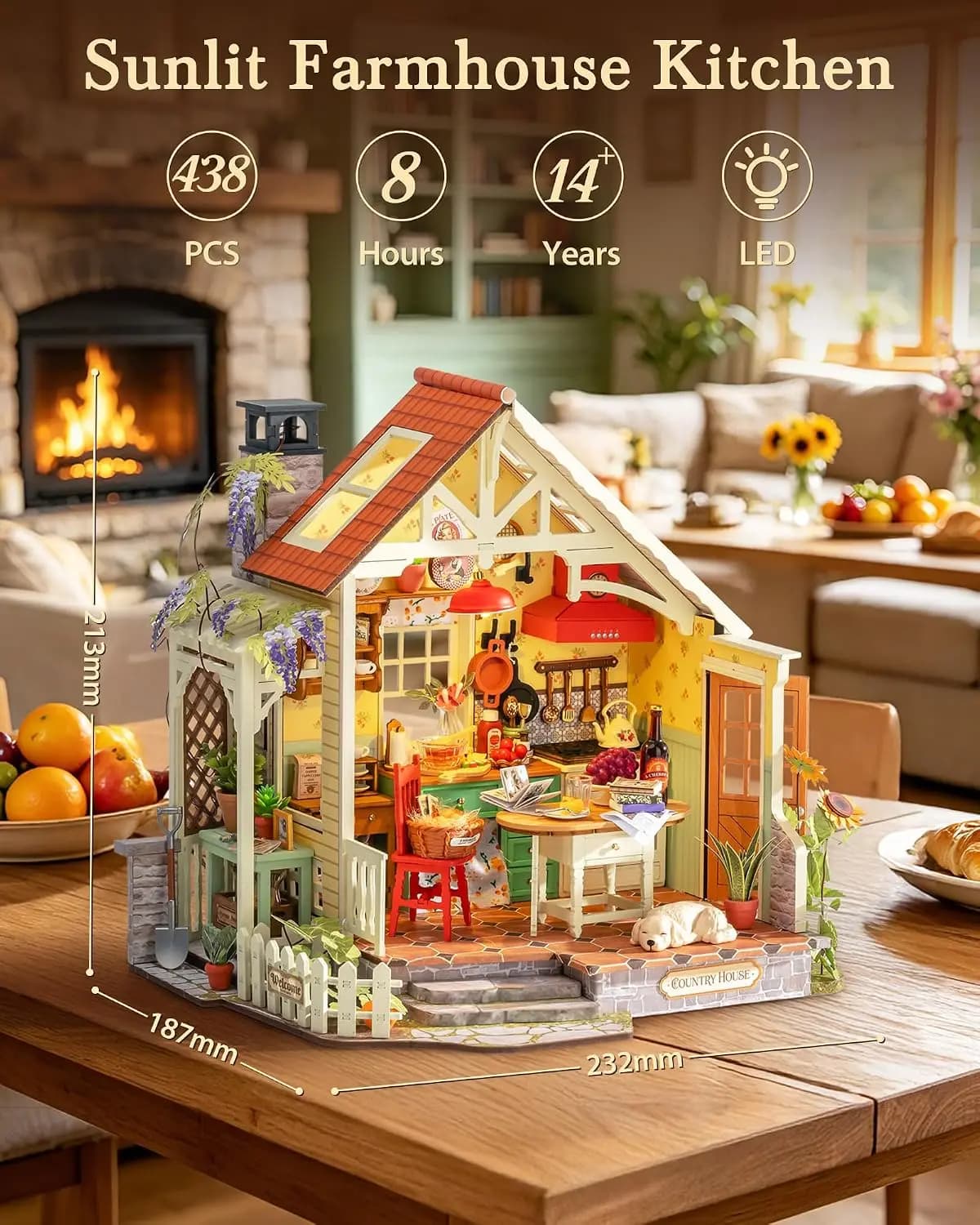 Kit de maison miniature Rolife Sunlit Farmhouse Kitchen DIY, style cottage confortable, maison de po