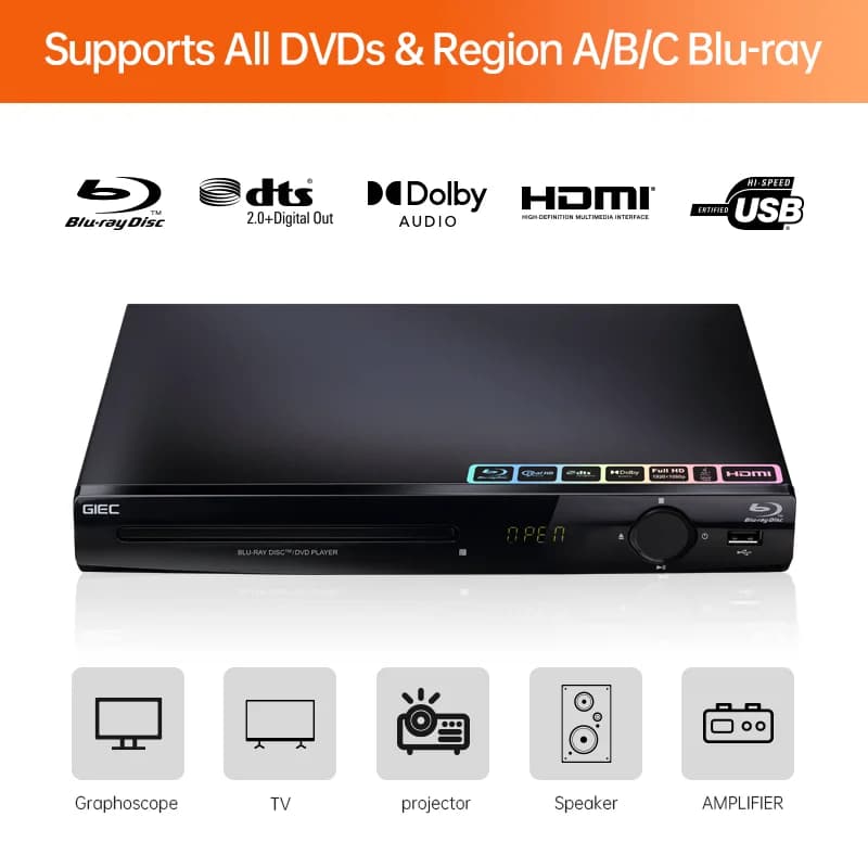 GIEC-Lecteur Blu Ray G2805, DVD, VCD, CD, prend en charge les notaires Dolby DTS, USB Huit, disque d