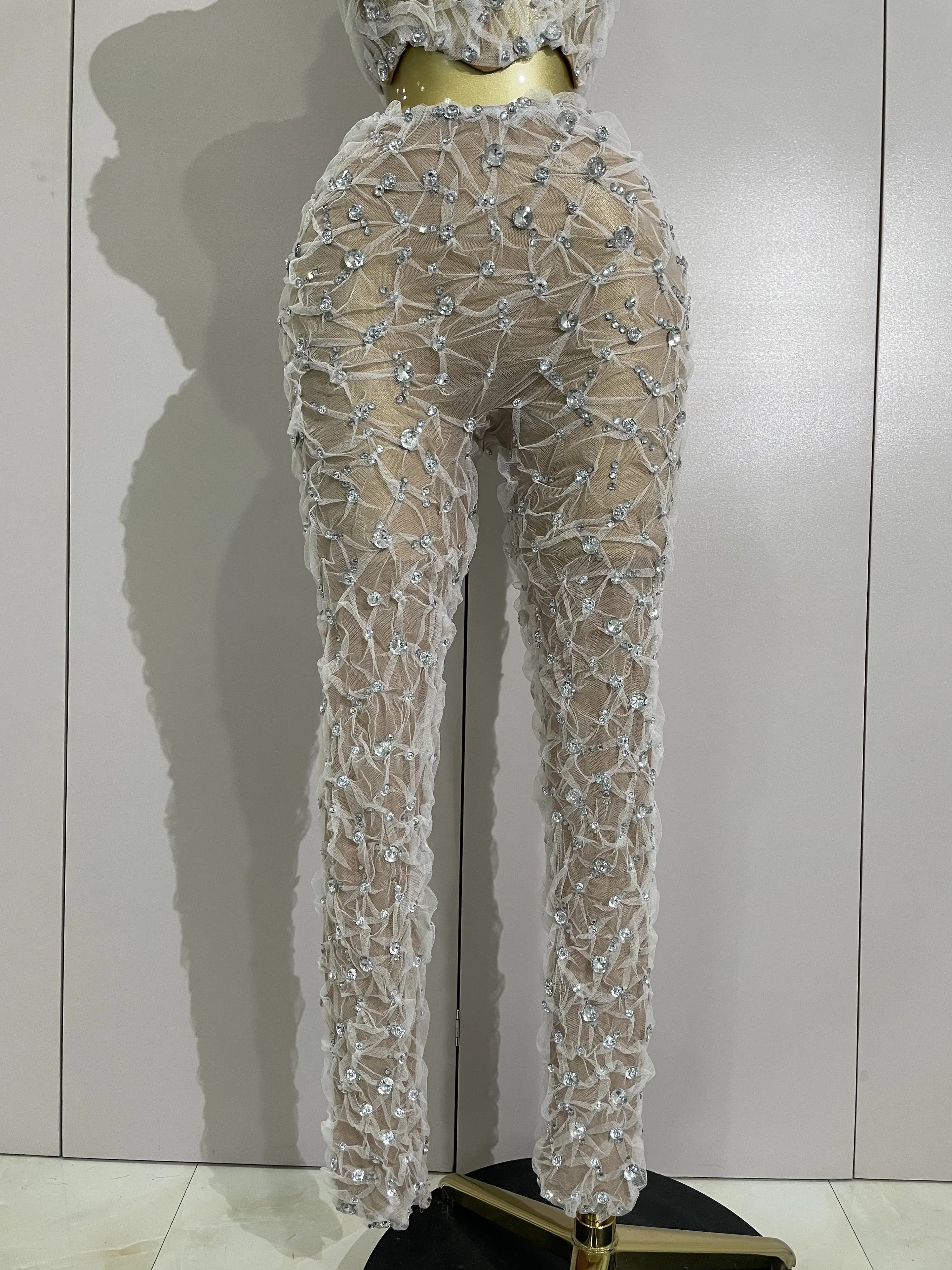 Ensemble deux pièces Sexy en dentelle pour femmes, haut à licou + pantalon Long, épissure de diamant
