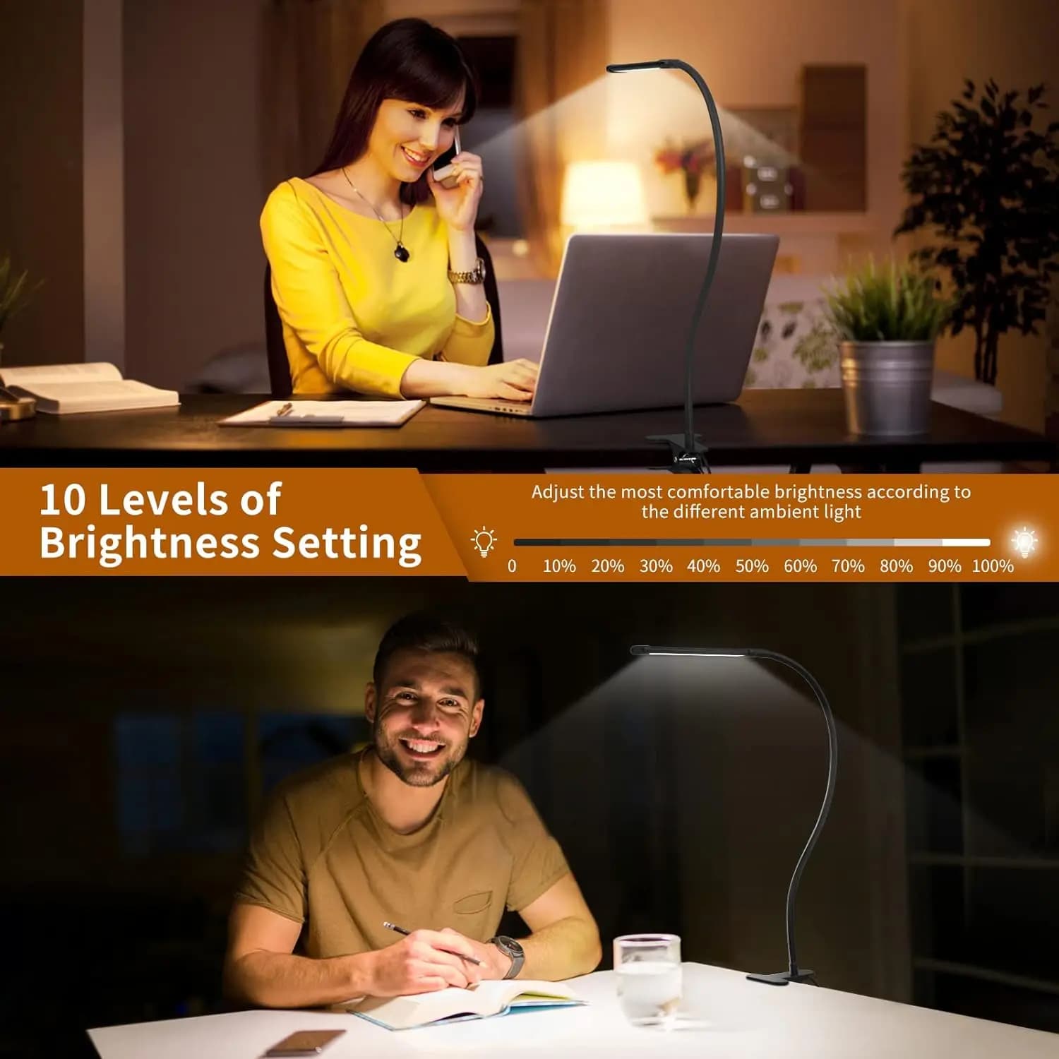 Lampe de bureau LED à clipser, lampe de lecture à intensité variable, soin des yeux, USB 360 ° Pince